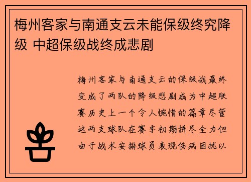 梅州客家与南通支云未能保级终究降级 中超保级战终成悲剧