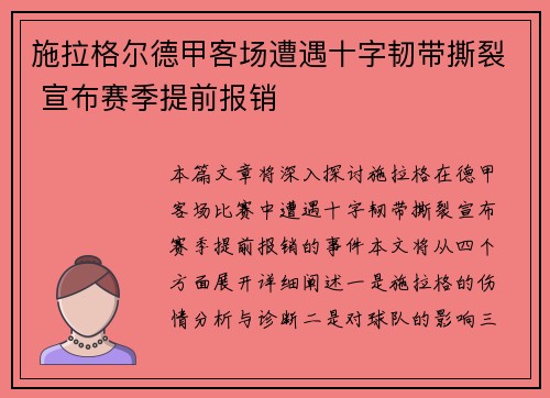 施拉格尔德甲客场遭遇十字韧带撕裂 宣布赛季提前报销 施拉格尔德甲客场遭遇十字韧带撕裂 宣布赛季提前报销